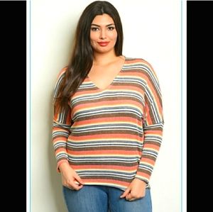 Zenobia blue and coral striped long sleeved top 3X